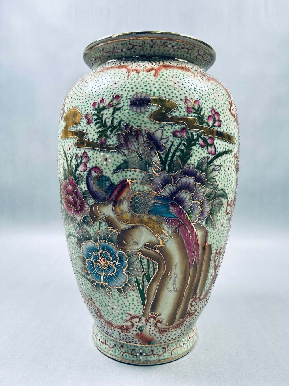 VTG Moriage Porcelain Vase Hand Painted Birds & Flowers Made in China